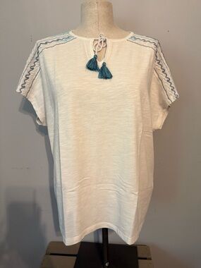 Chico's White Blouse with Blue Embroidery